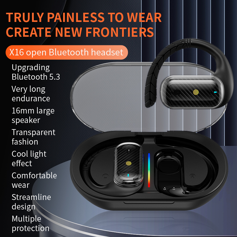 X16 Open Bluetooth Headset Wireless Earbuds，Sport Headphones  with Earhooks, Comfortable wear, Dual Mic Clear Call  for Running and Workout