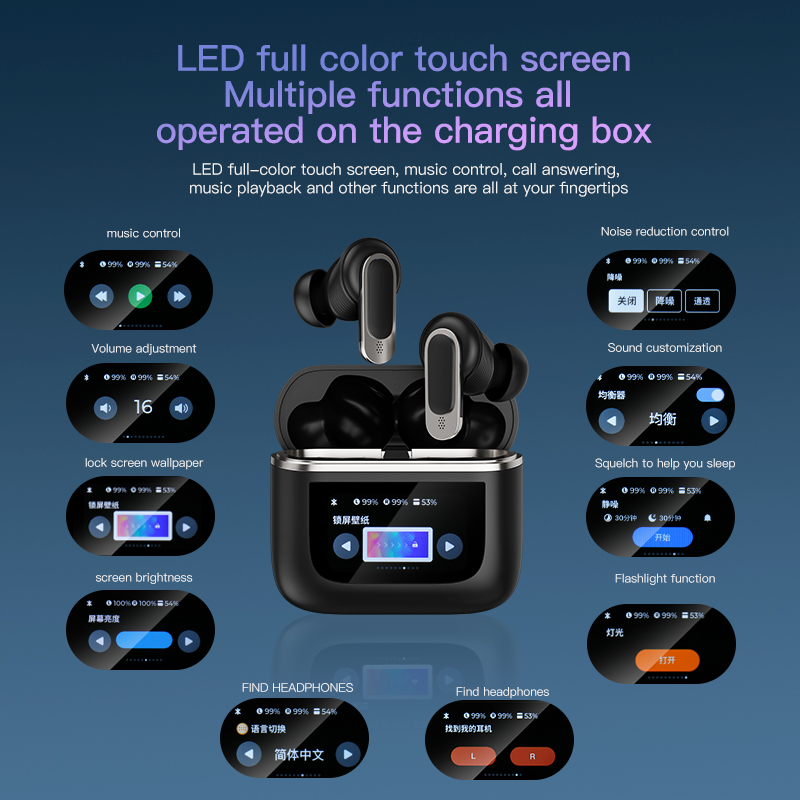 LCD Full Color Screen True Wireless Headphones,  Noise Cancelling In-Ear Earbuds with LED Touch Screen Display,  Dual Mic Intelligent Stereo Bluetooth  Earphone